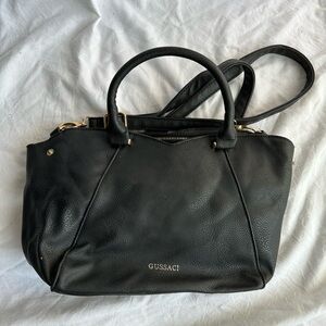 Gussaci Black Faux Leather Satchel Tote Bag with Crossbody Strap